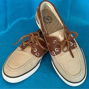 POLO Ralph Lauren Rylander Canvas Deck Shoes. Khaki Canvas w/Brown Leather Ties.